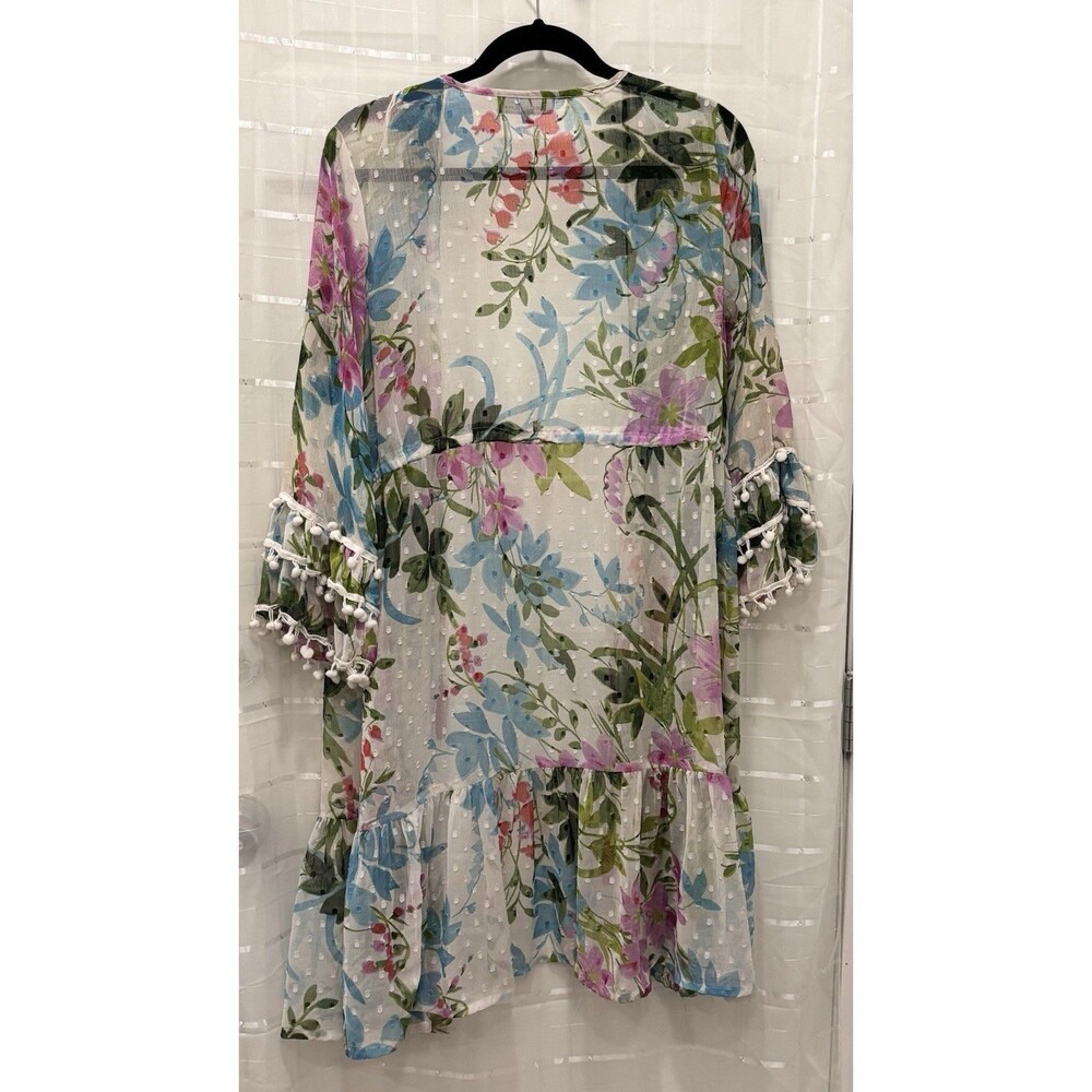 Club Z Collection Boho Floral Sheer Tunic Dress Pom Pom Trim Tassel Waist Size M - Picture 2 of 10